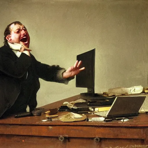 Image similar to an angry man yells at his computer monitor, oil on canvas, 1 8 8 3, highly detailed