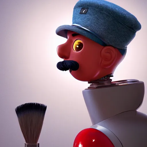 Image similar to portrait of a robot with a moustache wearing beret holding big paintbrush, big head, high detail, beautiful light, depth of field, sharp focus, clean design, 4 k, pixar, low saturation, octane render