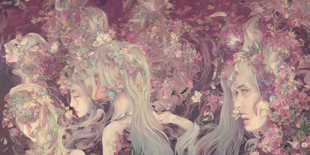 Image similar to breathtaking detailed concept art painting kaleidoscope art deco pattern of blonde faces goddesses amalmation flowers, by hsiao - ron cheng, bizarre compositions, exquisite detail, extremely moody lighting, 8 k