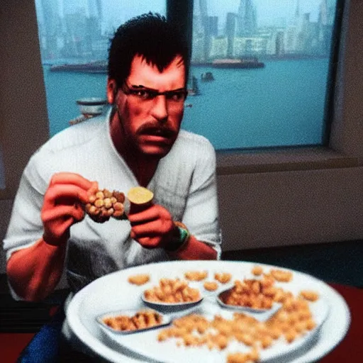 Image similar to jc denton from deus ex videogame eats cereal at a table near liberty island