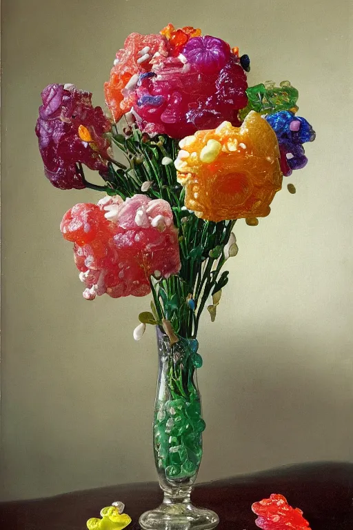 Prompt: painting of gummy flowers in a vase on a table, by rachel ruysch, pop surrealism, biomorphic, made of gummy bears flowers and jelly beans flowers, translucent gummy glowing delicious texture