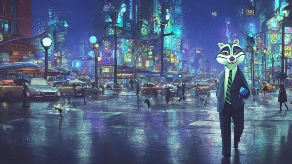 Image similar to A cute anthropomorphic raccoon businessman is walking down a busy crosswalk at in the rain at night, cold lighting with an blue glow coating the cityscape from the city lights, zootopia, other anthropomorphic characters are walking by him, extremely detailed, HDR, sideview, solemn and moody, many cars and animal people in the background, detailed face and eyes, large eyes with visible pupils, the road is wet with many rain puddles, reflections from the water on the ground, he is carrying a black briefcase, depressing feelings, sadness, expressive face