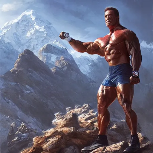 Prompt: arnold schwarzenegger lifting a literal mountain, highly detailed, shallow depth of field, art by artgerm and greg rutkowski