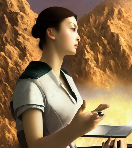 Image similar to close-up of a 21 year old schoolgirl hacking laptop on Diamond Head volcano, thermal lava flowing down dark travertine terraces, intricate, elegant, luxurious, digital painting, concept art, smooth, sharp focus, from Star Trek 2021, illustration, by WLOP and Ruan Jia and Mandy Jurgens and William-Adolphe Bouguereau, Artgerm