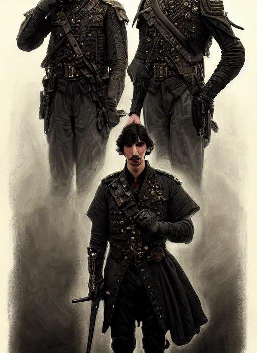Image similar to a portrait of john oliver standing next to adam driver, stoic, military uniform, fantasy, intricate, beautiful, highly detailed, charcoal, centered, dark, smokey, digital painting, artstation, concept art, smooth, sharp focus, illustration, art by artgerm and greg rutkowski and alphonse mucha