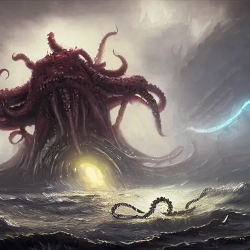 Prompt: a kraken with multiple eyes, tentacles rising from the sea, exploded ship, magic the gathering art, art by greg rutkowski, fantasy rpg, league of legends
