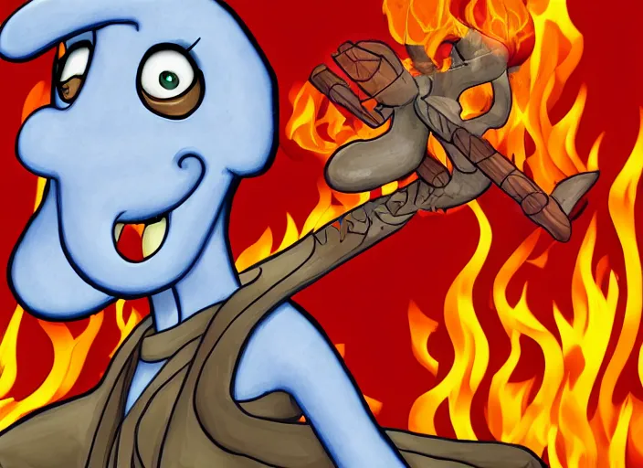 Prompt: squidward wearing fire nation clothing and practicing firebendingoutside at susnset, digital art, highly detailed, intricate, 8 k, sharp focus, photorealistic