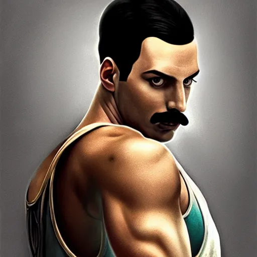 Image similar to portrait of freddie mercury playing mario after hitting the gym for one year, fantasy, intricate, elegant, highly detailed, digital painting, artstation, concept art, matte, sharp focus, illustration, art by aenaluck and roberto ferri and greg rutkowski, digital painting