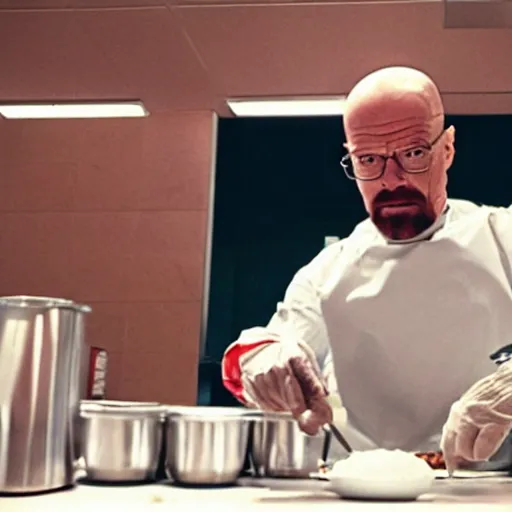 Image similar to walter white cooking meth at a table in a mcdonalds