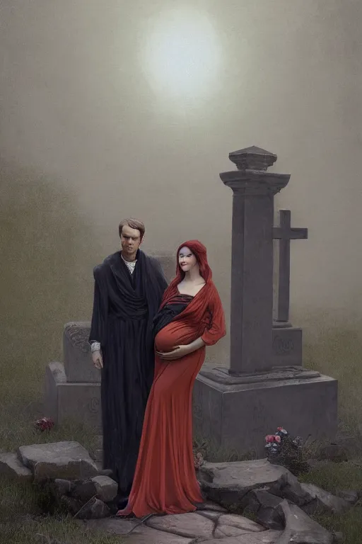 Prompt: a portrait of a pregnant widow next to her husband's grave, illustration, dramatic lighting, soft details, painting oil on canvas, art deco, octane render, HDR, 4k, 8k, HD, by Edmund Blair Leighton, Brom, Charlie Bowater, trending on artstation, faces by Tom Bagshaw, Sargent