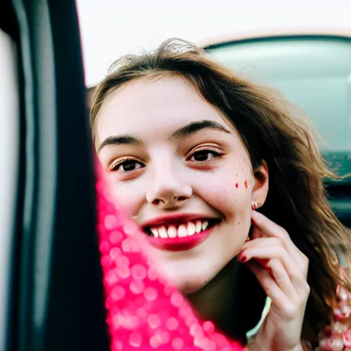 Image similar to a beautiful cute young woman takes a photo of herself, sitting in her car, flushed face, red blush, light freckles, big puffy lips, smiling softly, soft features, 8 k, sharp focus, instagram, portra 4 0 0