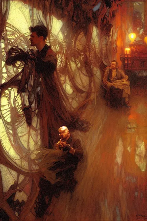 Image similar to zak bagans chasing ghosts, painting by gaston bussiere, craig mullins, greg rutkowski, alphonse mucha