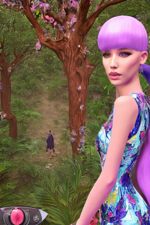 Image similar to beautiful blonde model wearing ornate floral valentino resort ss 2 0 1 6 dress in a 3 d psx rpg style, magical alien forest environment, fashion gameplay screenshot, highly detailed