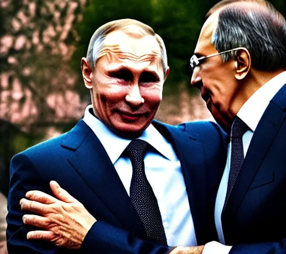 Prompt: a photo of vladimir putin kisses sergey lavrov, animals mating, lovely kiss, kiss mouth to mouth, romantic, emotional, love scene, insane details, clear face, clear eyes, textured, 8 k, professional photography, animal world, discovery channel, dslr, focus, zeiss lense, 5 0 mpx