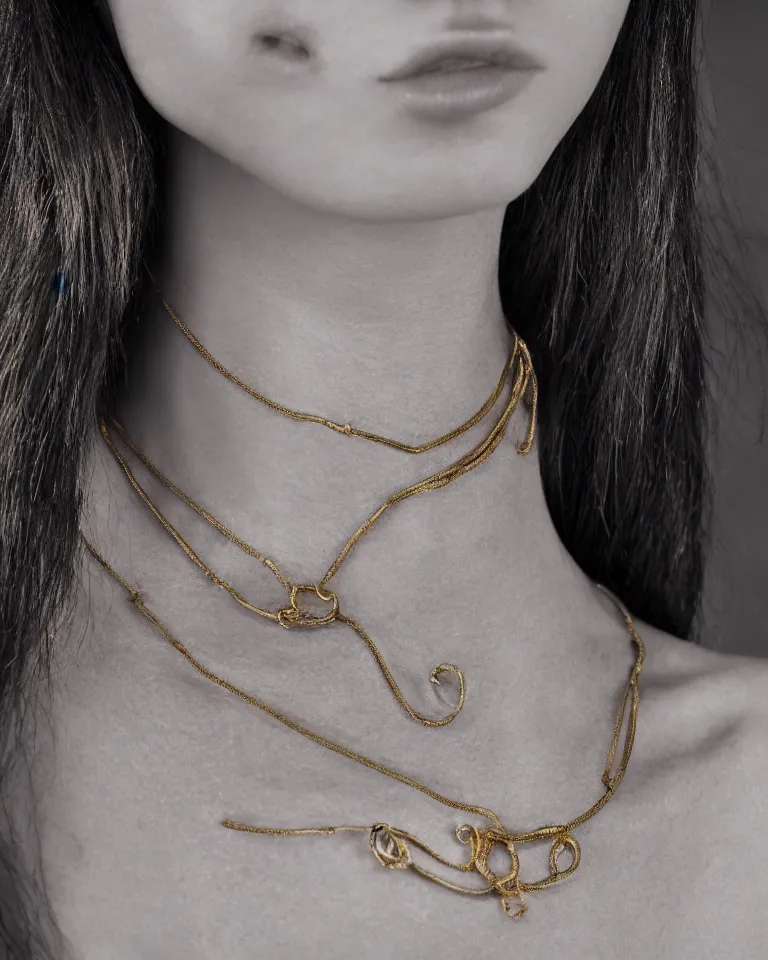 Prompt: super realistic portrait, skin detailed, of a beautiful model with a minimal big neo tribal necklace in the neck, detail photo, minimal design, made of gold, canon, film camera, full color photography, digital art, balenciaga