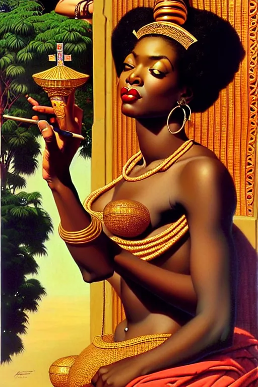 Prompt: an african goddess queen in a temple by gil elvgren and norman rockwell and rob gonsalves and hajime sorayama, hyperrealistic, high detail, ultra detailed, highly detailed face, feminine facial features, ruffled fabric