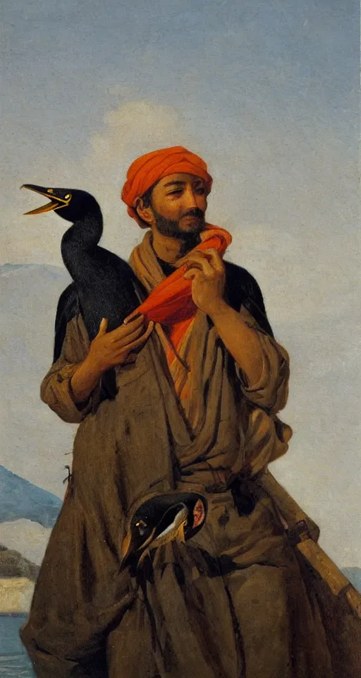 Image similar to orientalist portrait painting of a fisherman with a cormorant on his shoulder, in romantic style, sfumato