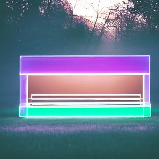 Image similar to a pastel coloured Polaroid photo of a minimalist cubic neon piano made of transparent perspex in a field, beams of light, nostalgic, morning fog, centre-frame