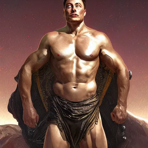 Prompt: elon musk as a Greek god, gorgeous, amazing, muscular, fit, very muscular male body, intricate, highly detailed, digital painting, artstation, concept art, sharp focus, illustration, art by greg rutkowski and alphonse mucha