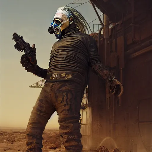 Image similar to Portrait of Immortan Joe by Greg Rutkowski. He is making an announcement from his war rig in the desert by Mark Arian. It is bright and desolate and rusty by H.R. Giger. soft render, octane, highly detailed painting by Moebius. artstation Blank Canvas Scene by Tetsuya Nomura.