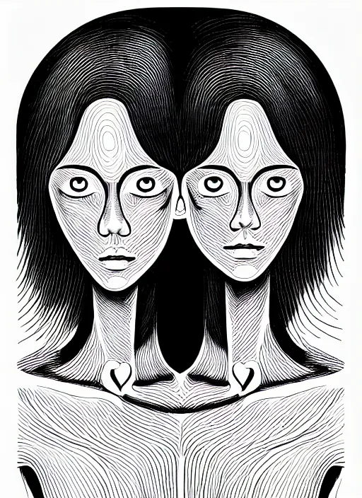 Image similar to 1 px color ink art by junji ito, perfectly centered symmetrical balanced male and female portrait of man and woman in love sharing one heart. high coherence ; fractal geometrical 8 k ultra hd