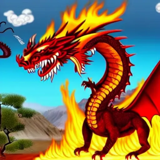 Prompt: Chinese president in epic stance fighting with dragon on flaming mountain, bananas weapon, painting, epic