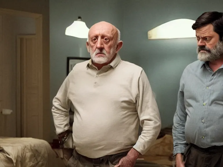 Prompt: a scene from a deeply emotional movie about a irritable bowel syndrome. a warm romantic movie starring mike ehrmantraut and nick offerman as an elderly couple and their struggle with farting by director j. j. abrams, blue - ray screenshot, filmed by roger deakins