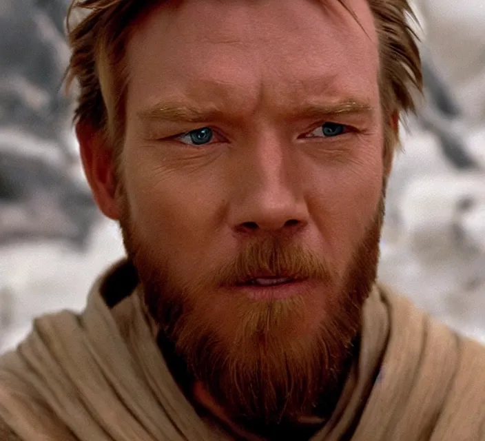 Image similar to still image of obi - wan kenobi making a funny face, ewan mcgregor, live - action, star wars movie, cinematic