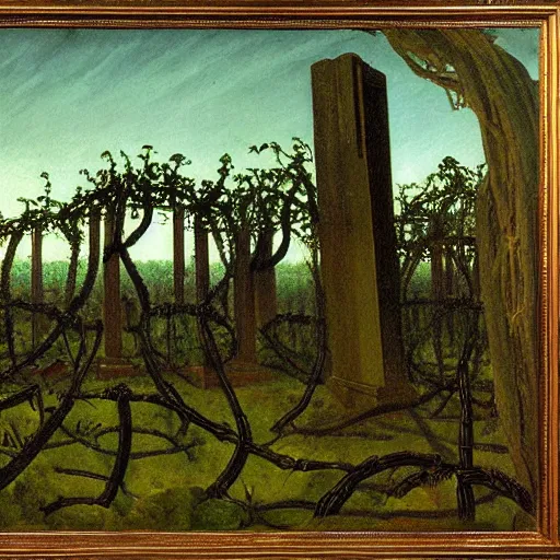 Prompt: a data center filled with server racks surrounded by ancient ruins and covered in vines, Caspar David Friedrich, oil painting