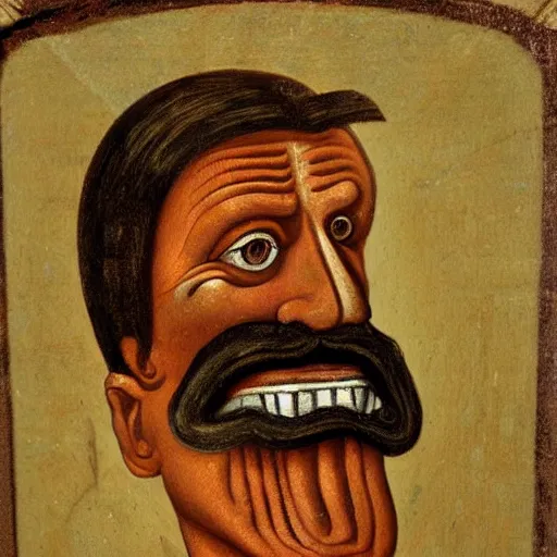 Image similar to portrait of ancient silly greek man with big eyes, sharp nose, and big open mouth. fine detail. artistic painting by lurid