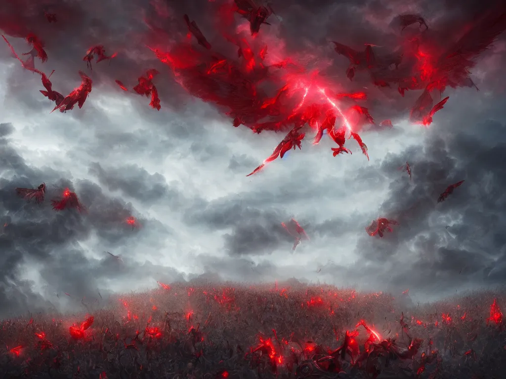 Prompt: a horde of angels falling from the sky, red lightning, apocalypse, eerie, digital painting, trending on artstation, deviantart, 8k, epic composition, intrinsic details, perfect coherence