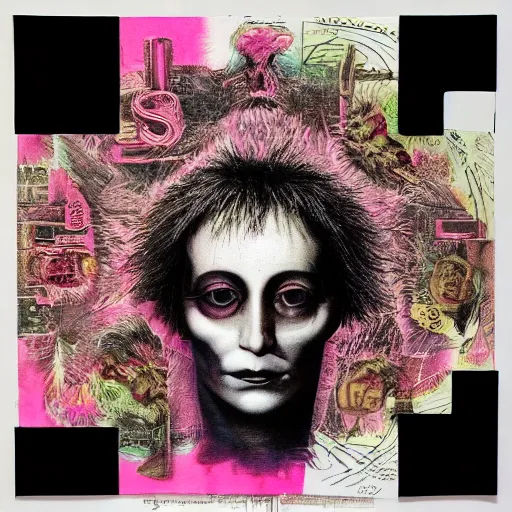 Prompt: post - punk new age album cover, asymmetrical design, frame of a dollar bank notes, capitalism, magic, apocalypse, psychedelic, black white pink, magic, giger h. r., giuseppe arcimboldo