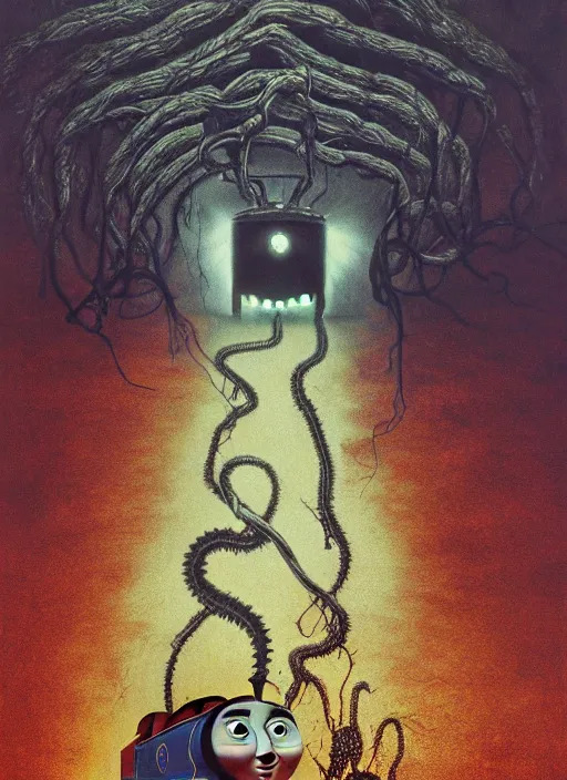 Image similar to thomas the tank engine in style of zdzisław beksinski, extremely dramatic lighting, 8 k, tendrils, black, darkness, black slime tendrils, infected, rust, body horror, thomas the train, thomas the tank engine face, horror,