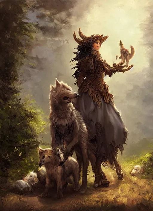 Prompt: digital _ painting _ of _ a female druid with her wolf companion _ by _ filipe _ pagliuso _ and _ justin _ gerard _ symmetric _ fantasy _ highly _ detailed _ realistic _ intricate _ port