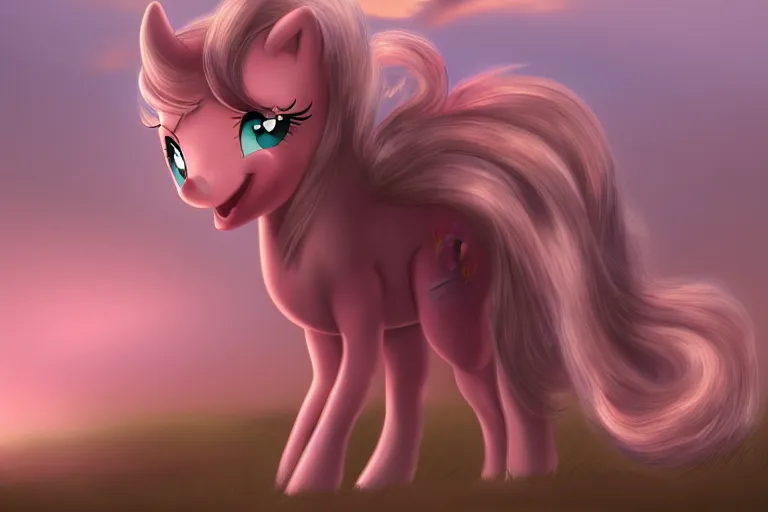 Image similar to Pinkie Pie sitting down viewed from behind, gazing off into the horizon, professional equine photography and mood lighting, flowing mane and tail, relaxed expression, subtle fog, fireflies, realistic digital art, 4k