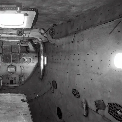 Image similar to year 1930, inside an empty ussr submarine, light beams coming from holes in metal walls, photorealism 8k , high details, neat