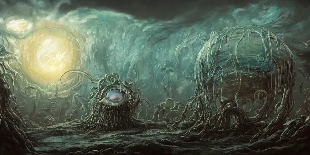 Prompt: concept art of giant translucent jellyfishes, lovecraftian, lots of teeth, melting horror, round moon, rich clouds, fighting the horrors of the unknown, high resolution, very detailed, roaring, volumetric light, mist, grim, fine art, decaying, textured oil over canvas, epic fantasy art, very colorful, ornate, anato finnstark