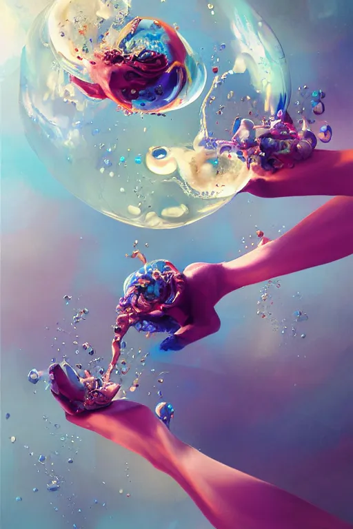 Prompt: epic 3 d abstract, spinning hands and feet, 1 2 mm, with cerulean and pastel pink peanut butter crepes melting smoothly into asymmetrical bubbles, liquid, delicate, beautiful, intricate, houdini sidefx, trending on artstation, by jeremy mann and ilya kuvshinov, jamie hewlett and ayami kojima