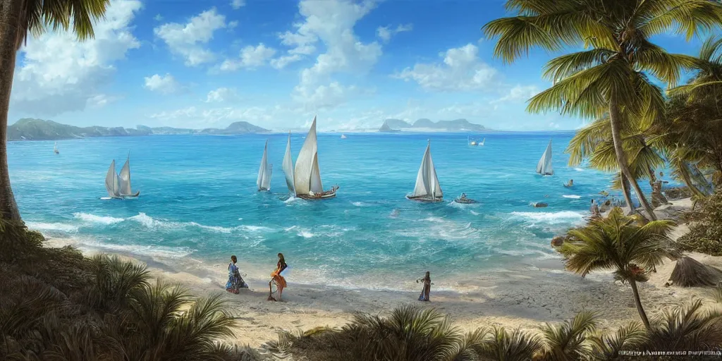 Image similar to ultra realistic illustration,, a beach in tanzania with sailboats in the distance, tropical blue water intricate from baldurs gate, elegant, highly detailed, digital painting, artstation, concept art, smooth, sharp focus, illustration, art by artgerm and greg rutkowski and alphonse mucha