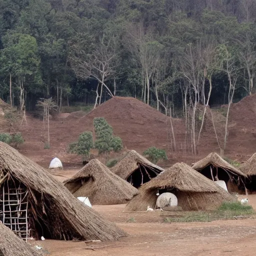 Prompt: A village of tribespeople that have constructed huts on a meteor crash site