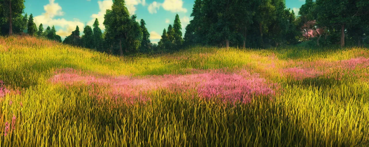 Image similar to a beautiful meadow landscape with cute happy bees flying, flowers, happy trees, photorealistic, octane render, rtx, hdr, unreal engine, digital art widescreen 8 k