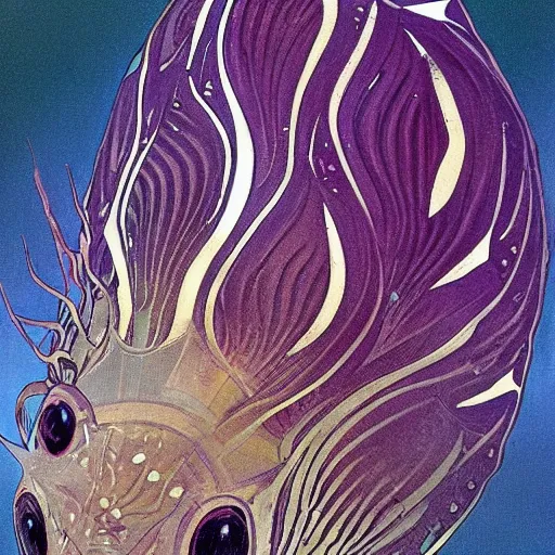 Prompt: a single fantasy deep sea fish that is heavily armored it has disproportionately huge wide spined pectoral fins on its head 6 large black eyes it's skin and fins have complex markings it is swimming in a purple deep landscape with jagged rocks by alphonse mucha and brian froud