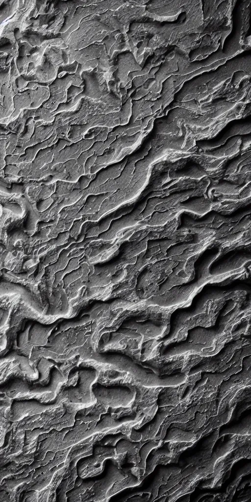 Image similar to a photorealistic render of a topographic map, on a black background, greyscale, made of melted plastic and marble, c 4 d, by zhelong xu ouchh studio and ernst haeckel, wide angle, hyper realistic, plain black background, 8 k, volumetric lightning, octane render