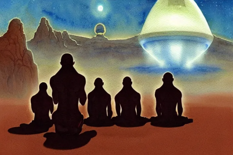 Image similar to a hyperrealist watercolour character concept art portrait of a group of middle eastern men kneeling down in prayer in front of an elegant alien with 1 2 eyes on a misty night in the desert. a ufo is in the background. by rebecca guay, michael kaluta, charles vess and jean moebius giraud