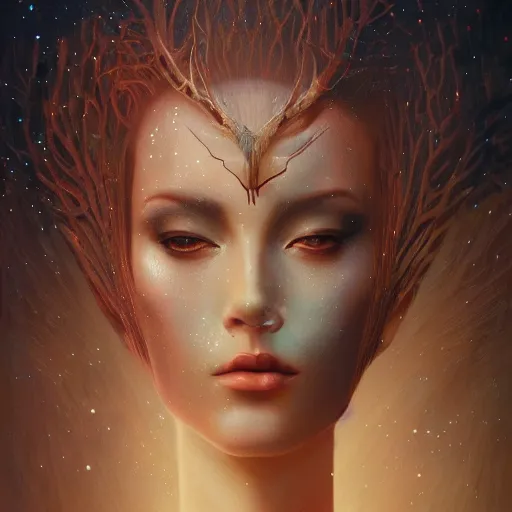 Image similar to a dramatic portrait of a woman showing affection to deer, cinematic lighting, symmetric face by karol bak, christopher balaskas