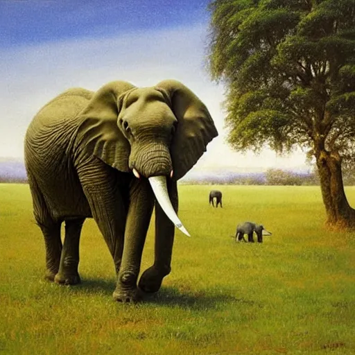 Prompt: an elephant on a green meadow art by Corfield Paul