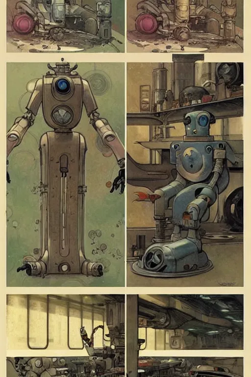 Image similar to comic book art nouveau page layout ( ( ( ( ( 1 9 5 0 s retro future robot lab interior. muted colors. ) ) ) ) ) by jean - baptiste monge!!!!!!!!!!!!!!!!!!!!!!!!!!!!!!