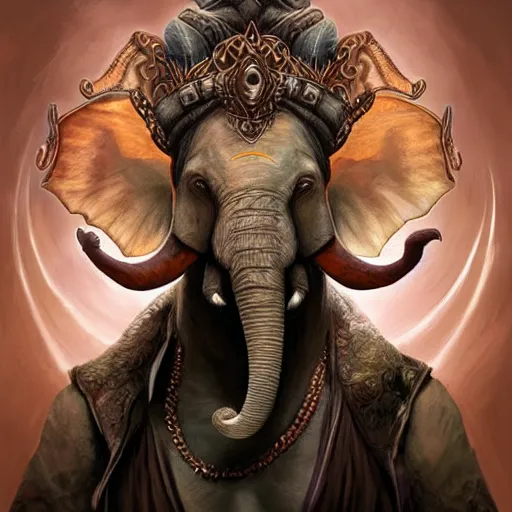 Image similar to Warlock with elephant traits. Character portrait, face close-up, of an anthro elephant warlock in the style of Bastien Lecouffe-Deharme. Tusks, long trunk holding a wand, looks like Ganesh.