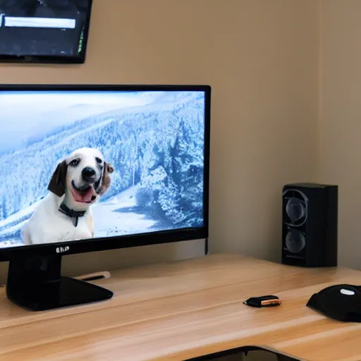 Prompt: computer setup with ultrawide screens while a dog sleep by side