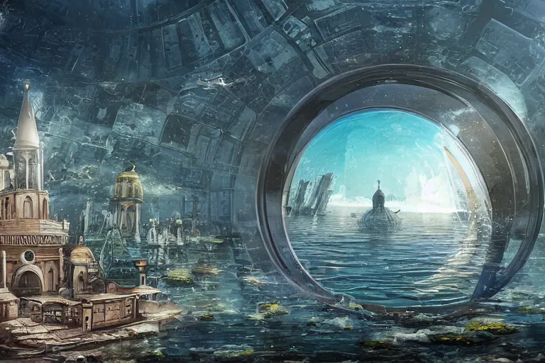 Image similar to dome science fiction underwater advanced orthodox city bubble landscape